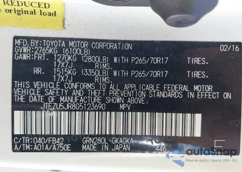 2016 Toyota 4Runner Sr5 z USA, uszkodzony, nr VIN JTEZU5JR8G5123690